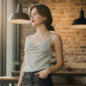 Mango Cowl Neck  Sparkly Silver Camisole Spaghetti Straps Women's Top Small